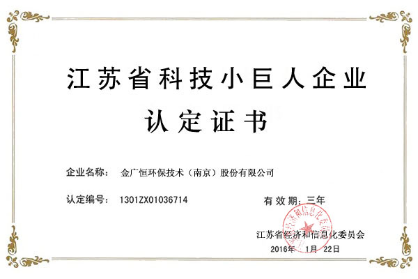 江蘇省科技小巨人企業認定證書